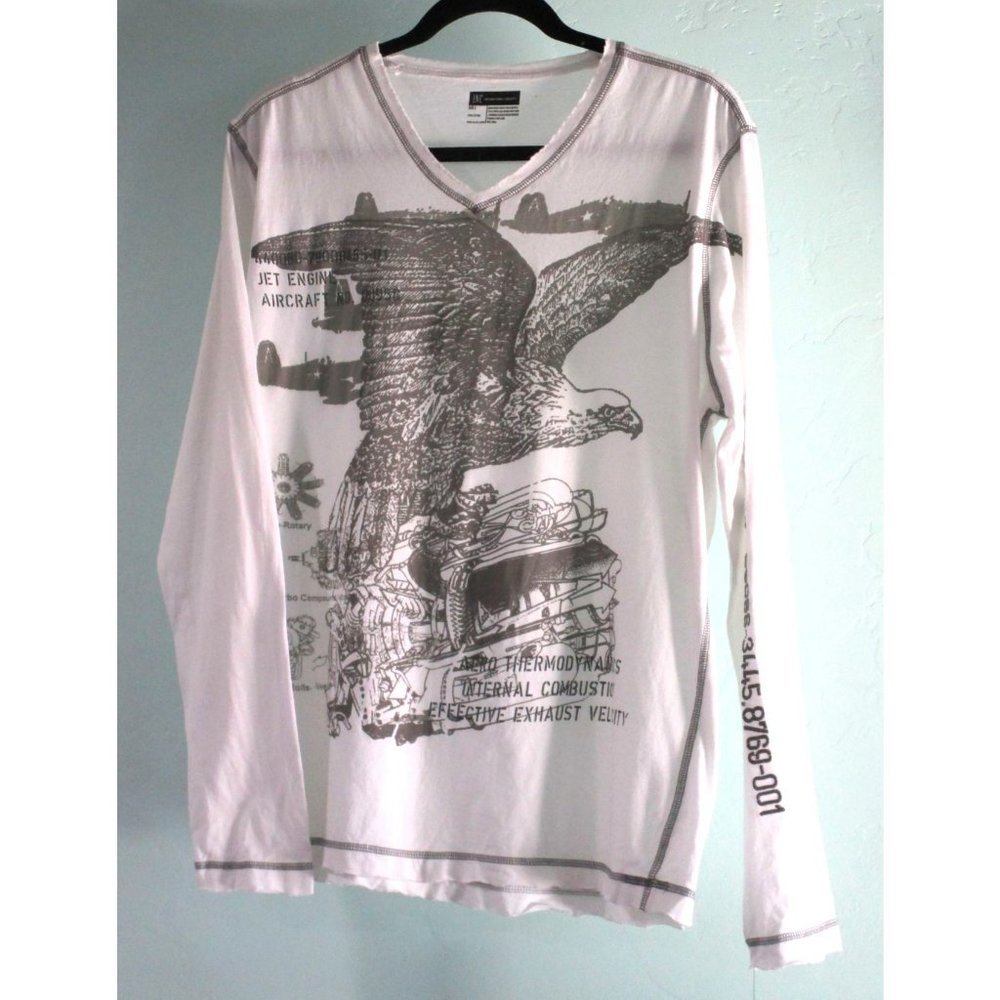 INC Black Ops Gray White Eagle Jet Graphic Long Sleeve T Shirt Mens Large NWT
